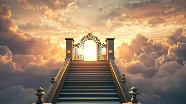 Stairway to the Clouds with Majestic Gates in Celestial Glow
