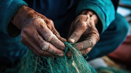 The weathered hands of a fisherman mending nets, Reflecting the vanishing livelihoods in coastal communities, photography style