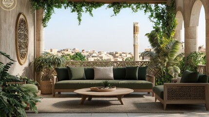 Luxurious Modern Arabian Rooftop Terrace with Stunning View | 3D Render Digital Artwork for Elegant Gatherings