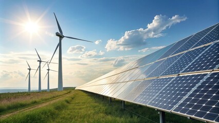 Efficient energy production represented by sunlight glinting off solar panels beside a series of tall windmills.