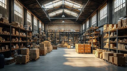 Fototapeta premium Spacious industrial warehouse interior filled with stacked boxes and shelves, natural light through skylights, storage facility, organization, logistics, clean and functional workspace, large 