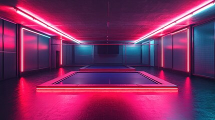 Vibrant trampoline park with neon pink and blue lights, dark interior, glowing futuristic design, spacious recreational area, modern fun space, playful energy, indoor activity center.