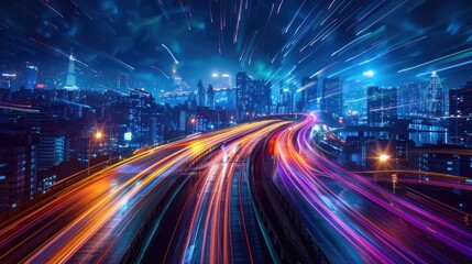 Obraz premium A vibrant cityscape at night with dynamic light trails from vehicles on a busy highway.