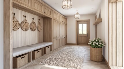 Luxurious Arabian-Inspired Mudroom Interior with Organized Storage and Cozy Bench | Ultra-Detailed 3D Render Digital Artwork