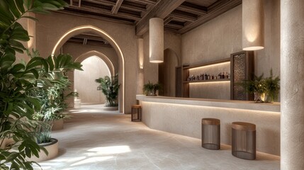Fototapeta premium Luxurious Modern Arabian Bar Interior with Elegant Stools and Decorative Shelving - 3D Render Digital Artwork