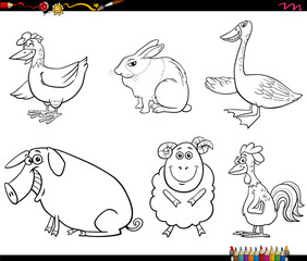 cartoon farm animals characters set coloring page