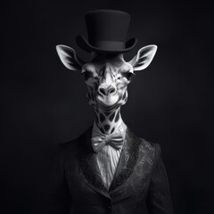 Obraz premium Surreal Giraffe in Formal Suit and Top Hat - Monochrome Portrait