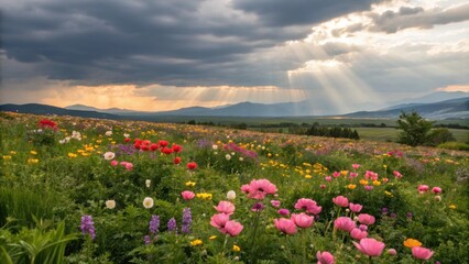 Fototapeta premium Natures symphony plays softly guiding rhythmic choreography a swaying blooms in cheerful synchrony.