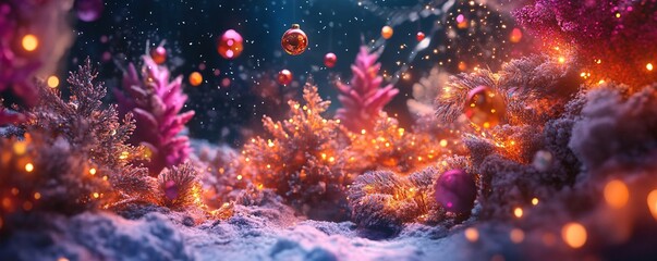 Fototapeta premium Christmas ornaments falling on snowy fir trees with glowing lights, creating a magical atmosphere