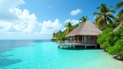 Thatched-Roof Bungalow Overwater Terrace in Turquoise Waters