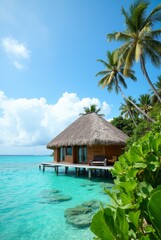 Thatched-Roof Bungalow Overwater Terrace in Turquoise Waters