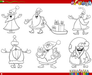 cartoon Santa Clauses with Christmas gifts coloring page