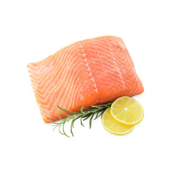 Piece of fresh salmon, lime and rosemary isolated on white