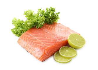 Piece of fresh salmon, lime and lettuce isolated on white
