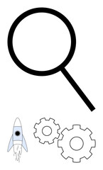 Magnifying glass, rocket, and gears representing exploration, technological progress, and machinery. Ideal for research, development, technology, engineering innovation startups