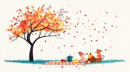 Obraz premium A pair of mice lounging on a picnic blanket beneath a tree, sipping tea from a pot