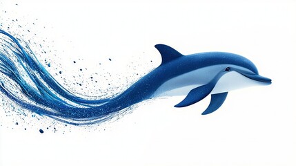 Obraz premium A blue-and-white dolphin jumps out of the water with its tail in midair, causing waves to crash behind it