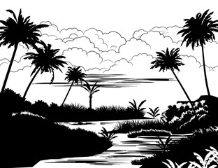 River bank. Image of black silhouette isolated on white background. Vector tropical landscape. Plants in jungle. Southern thickets. Tall palm trees.