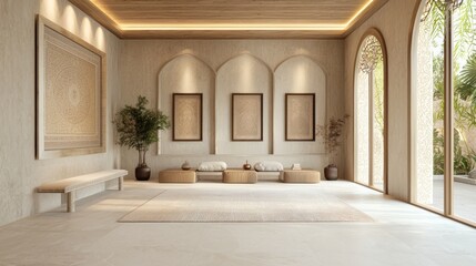 Luxurious Arabian Islamic Interior Design Gallery Wall with Contemporary Art in Elegant Finishes on Neutral Background - 3D Render Digital Artwork