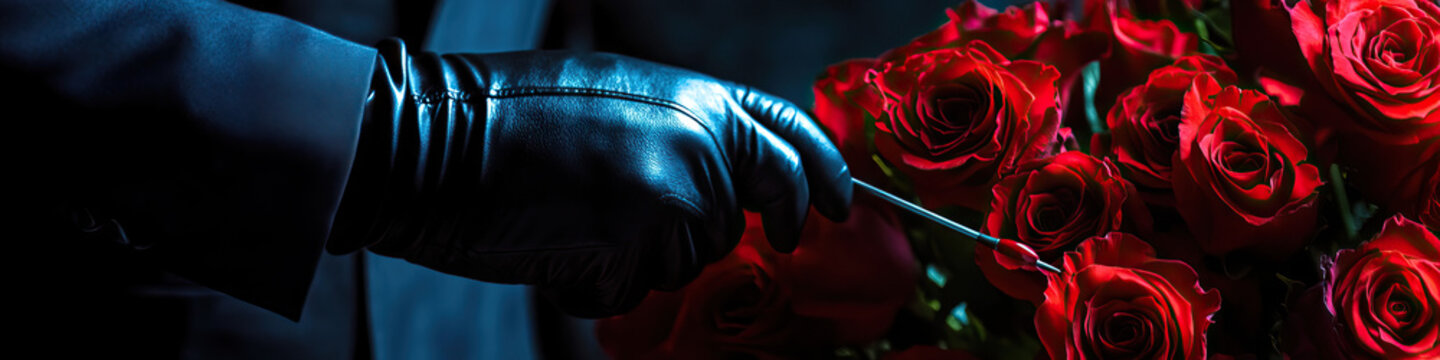 Poisoned Rose: A hitman carefully arranging a bouquet of roses, concealing a poison-tipped dart.
