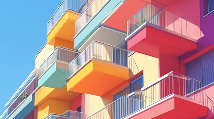 Colorful modern apartment building with balconies.