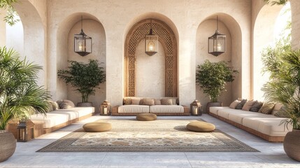 Fototapeta premium Luxurious Arabian-Inspired Outdoor Lounge with Elegant Seating and Lanterns for Enchanting Evenings | Detailed Islamic Interior 3D Render