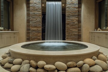 A luxury bathroom designed with a theme of tranquility, featuring a waterfall into the tub, surrounded by a moat of smooth river rocks.