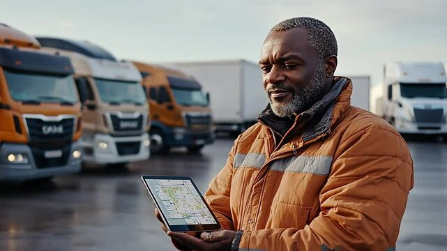 Truck Driver Using Tablet for Navigation and Logistics