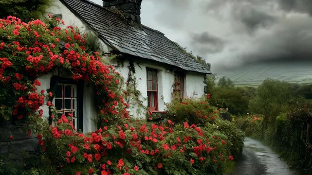 Rustic cottage with red roses and garden along countryside path. Traditional Irish stone house. Rural cottage garden landscape