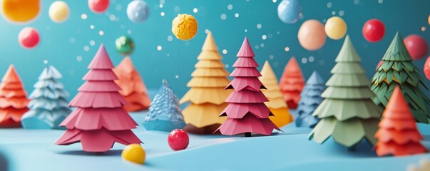Colorful paper christmas trees and ornaments creating a festive scene