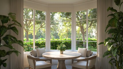 Obraz premium Luxurious Modern Arabian Islamic Kitchen Nook with Plush Seating and Garden Views | 3D Render Digital Artwork