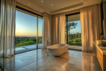 Fototapeta premium A luxury bathroom with a large picture window, a freestanding tub, and floor-to-ceiling curtains.