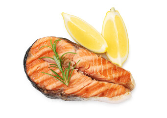 Tasty grilled salmon steak with rosemary and lemon isolated on white, top view