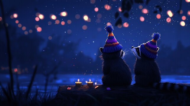   A pair of cats lounging beside one another under a starry night sky surrounded by glowing lanterns