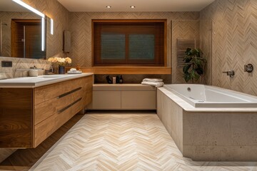 A luxury bathroom with a herringbone tile floor, a large freestanding tub, and a bespoke vanity unit.