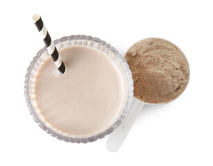 Delicious protein shake in glass and scoop with powder isolated on white, top view