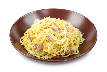 Delicious pasta Carbonara in bowl isolated on white