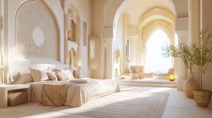 Opulent Modern Arabian Master Suite with Private Lounge Area - 3D Rendered Interior Design Artwork