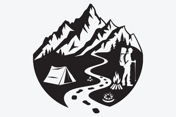 Minimalist Mountain Adventure Vector Icons: Peaks, Trails, Camping Gear, Wildlife, and Weather Symbols