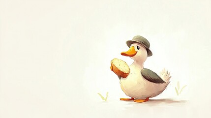 Obraz premium A painting of a duck with bread in its beak and a hat on its head
