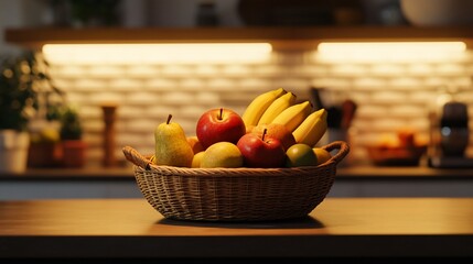 Fruit basket on kitchen counter at night.