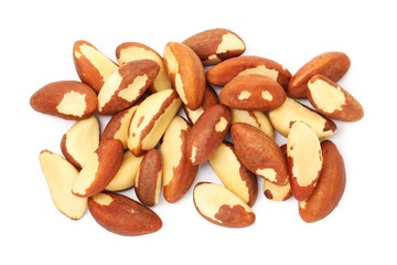 Heap of Brazil nuts isolated on white, top view