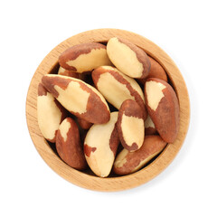 Tasty Brazil nuts in bowl isolated on white, top view