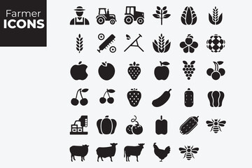 30 High-Quality Silhouette Agriculture Icons on White Background – Perfect for Microstock Design Projects