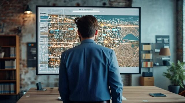 An urban planner views a detailed city map on a large screen in a modern office. The person, seen from behind, is focused on the geospatial data displayed.
