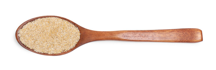 Oat bran in spoon isolated on white, top view