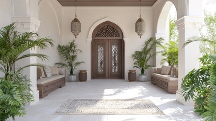 Elegant Modern-Arabian Islamic Porch with Cozy Seating and Plants | 3D Render of Inviting Entryway Design