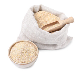 Oat bran in sack, bowl and scoop isolated on white