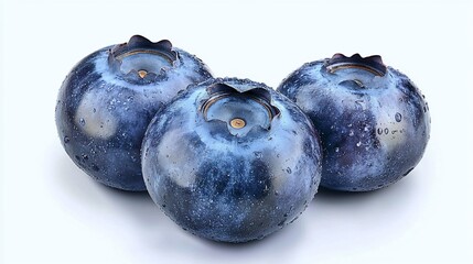 Obraz premium Three juicy blueberries with water droplets on a white background.