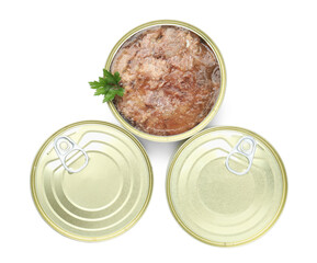 Canned meat in tin cans isolated on white, top view